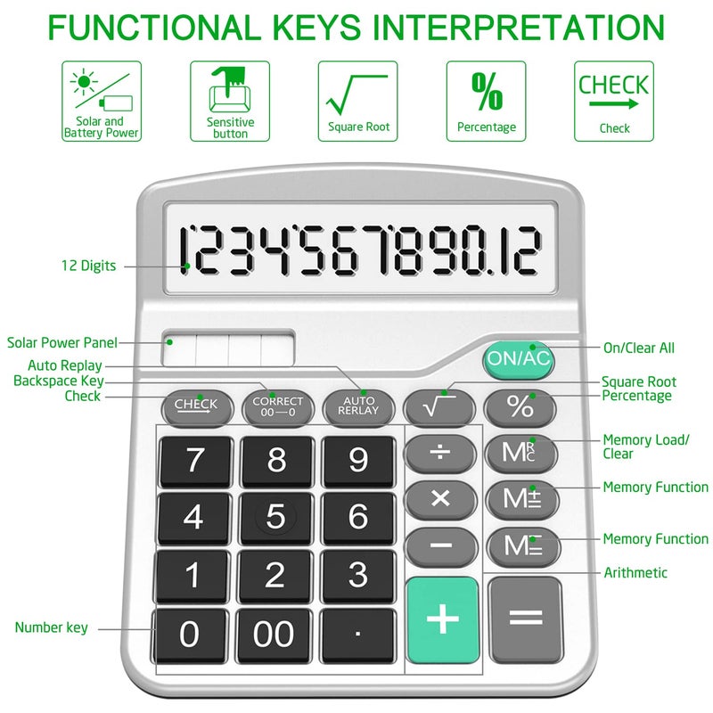 Splaks 4 Pack Standard Functional Desktop Calculator - Solar and AA Battery Dual Power Electronic Calculator with 12-Digit Large Display (2 Basic Black & 2 Updated Silver) - Image 2